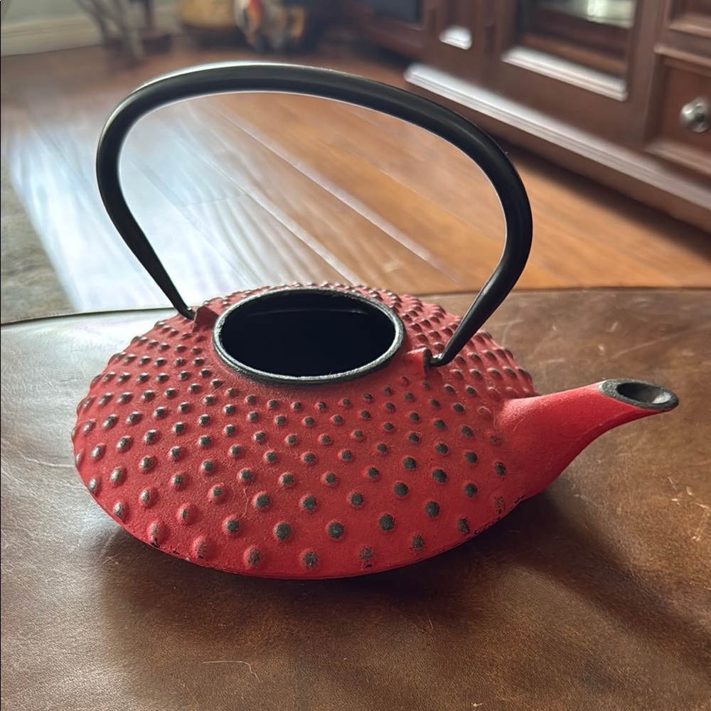 Red Cast Iron Teapot with Black Handle